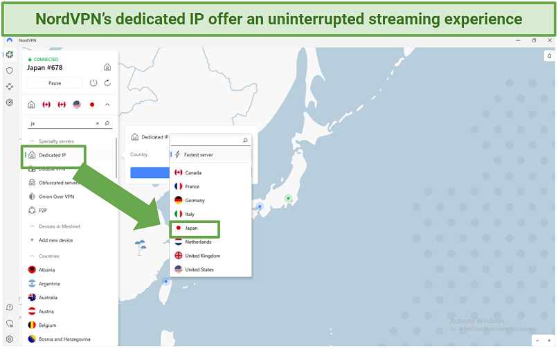 A screenshot showing NordVPN's dedicated IP servers for Japan.