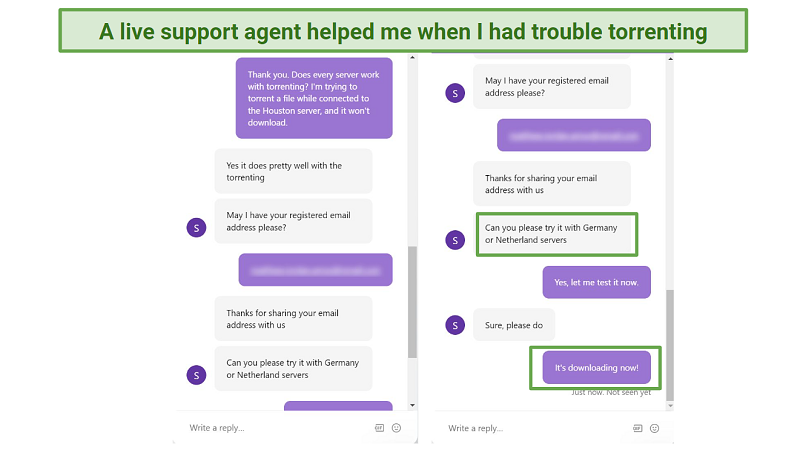 Screenshot of PureVPN customer service answering a question about torrenting