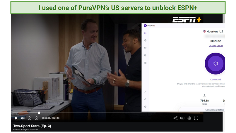 Screenshot of ESPN+ player streaming Peyton's Places while connected to PureVPN 