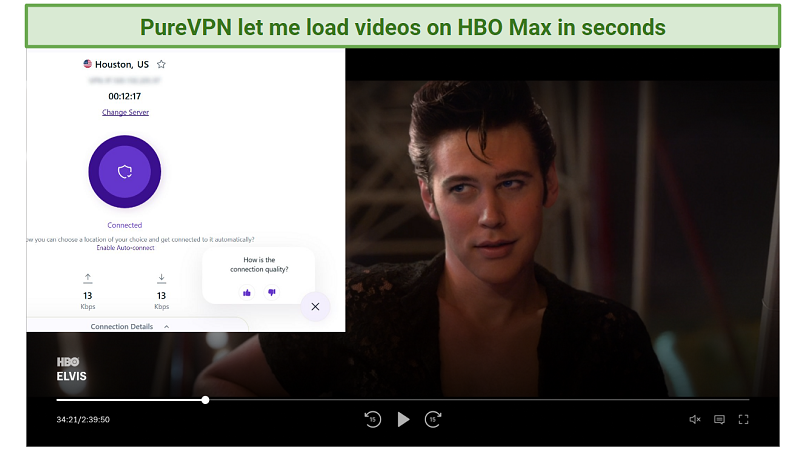 Screenshot of HBO Max player streaming Elvis while connected to PureVPN