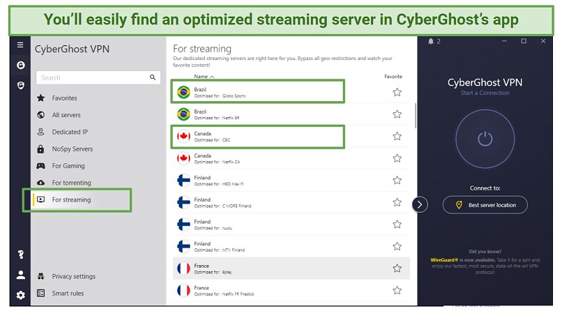 A screenshot showing CyberGhost has optimized servers for streaming sports.