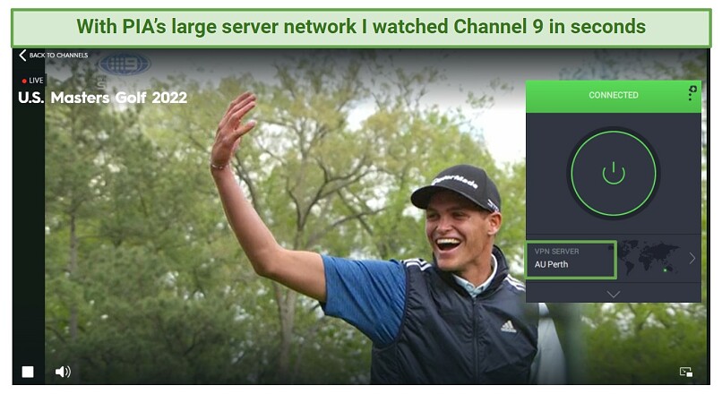 A screenshot showing PIA unblocked Channel 9 and watched in HD
