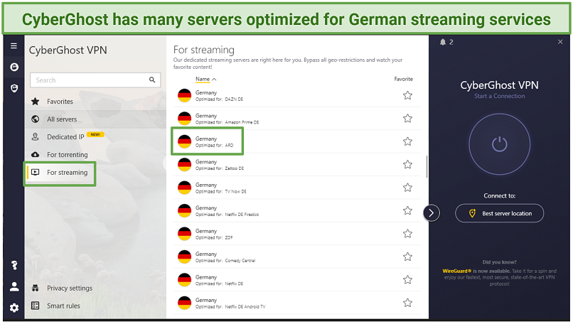 A screenshot showing CyberGhost's German streaming-optimized servers on its Windows app