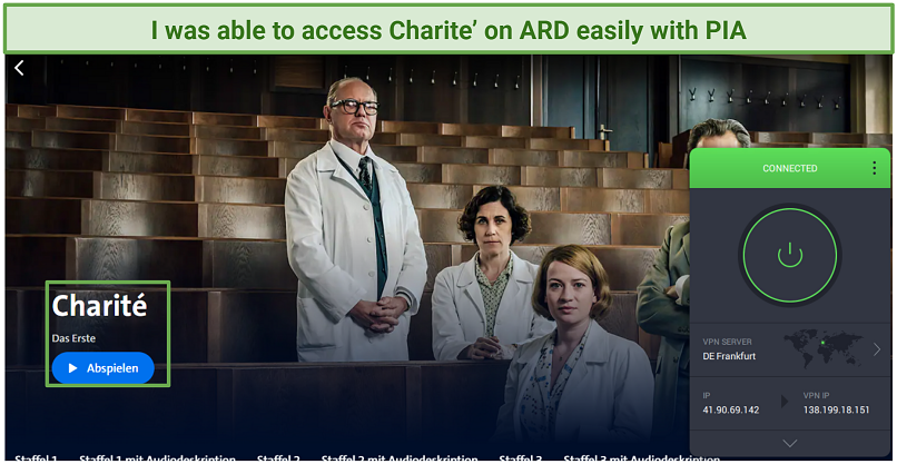 A screenshot of ARD's website with Charite' streaming while connected to PIA.