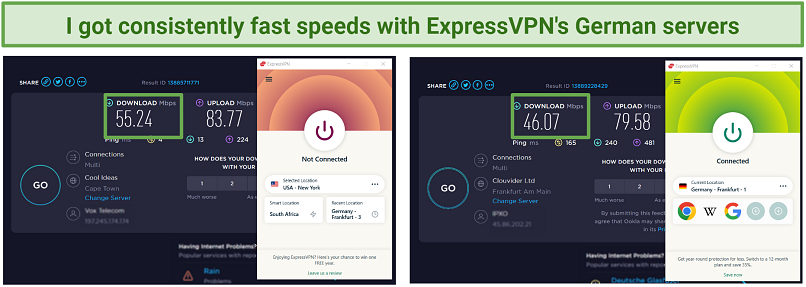 Screenshots of speed tests while connected to some of ExpressVPN's German servers