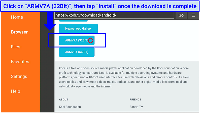 A screenshot showing the installer to choose to install Kodi on Fire Stick