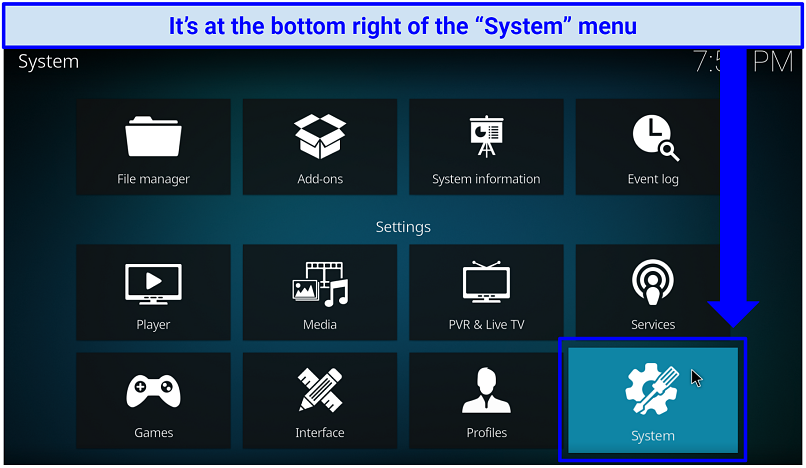 A screenshot showing Kodi's System box that takes you to the addon area