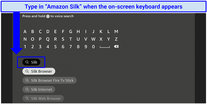 A screenshot of Fire Stick's interface showing the Amazon Silk browser in the search bar