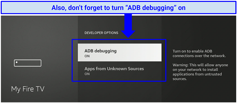 A screenshot showing you need to toggle Apps from Unknown sources and ADB debugging to On to install apps not present on the Amazon Appstore