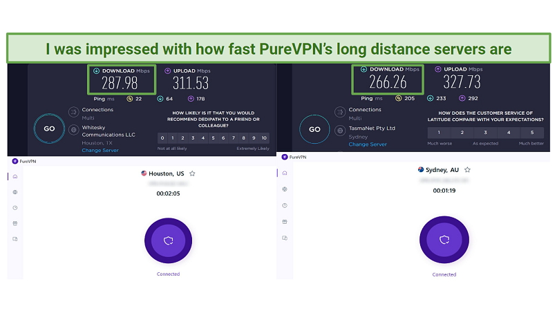 Speed tests conducted on Ookla while connected to PureVPN 