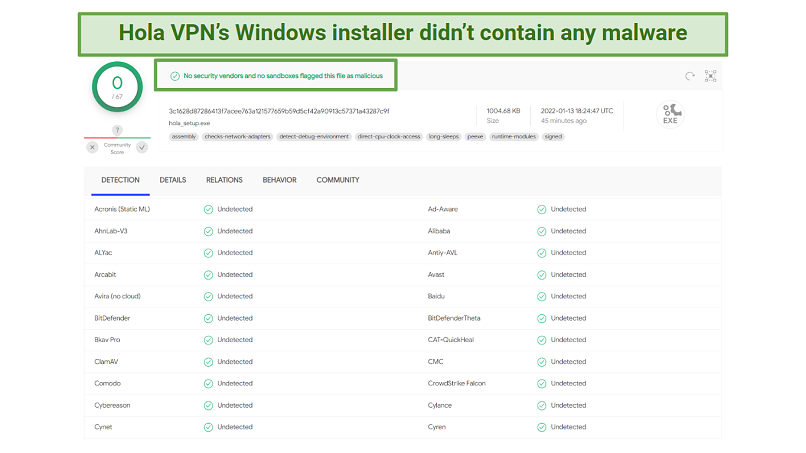 A screenshot of a VirusTotal test showing that Hola VPN's Windows installer doesn't contain malware
