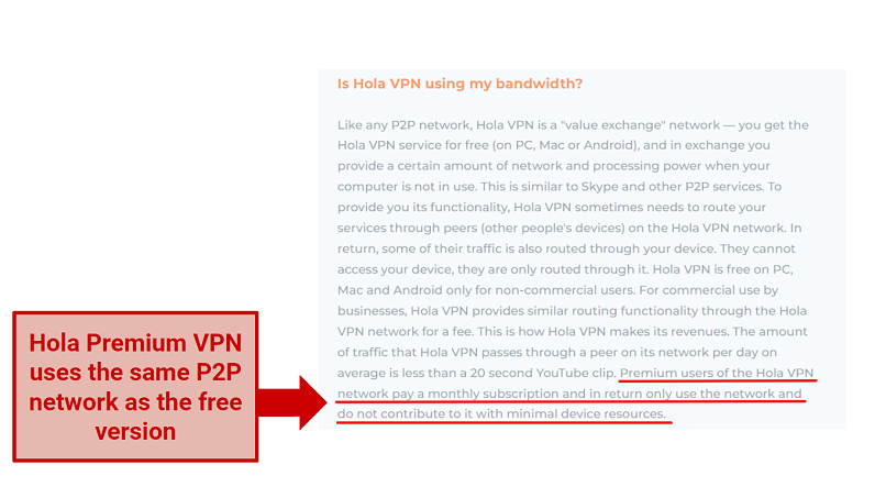 Screenshot of Hola Premium VPN's privacy policy