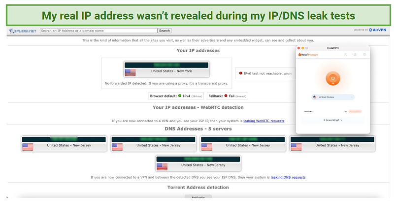Graphic showing Hola VPN DNS/IP leak test