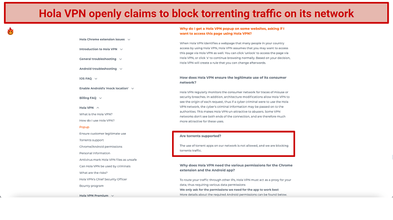 Graphic showing Hola VPN's torrenting policy
