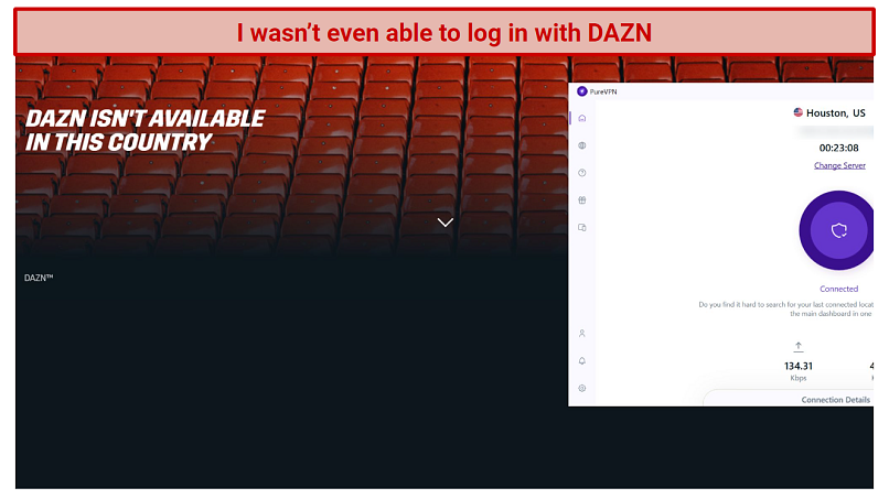 Screenshot of DAZN website being blocked while connected to PureVPN