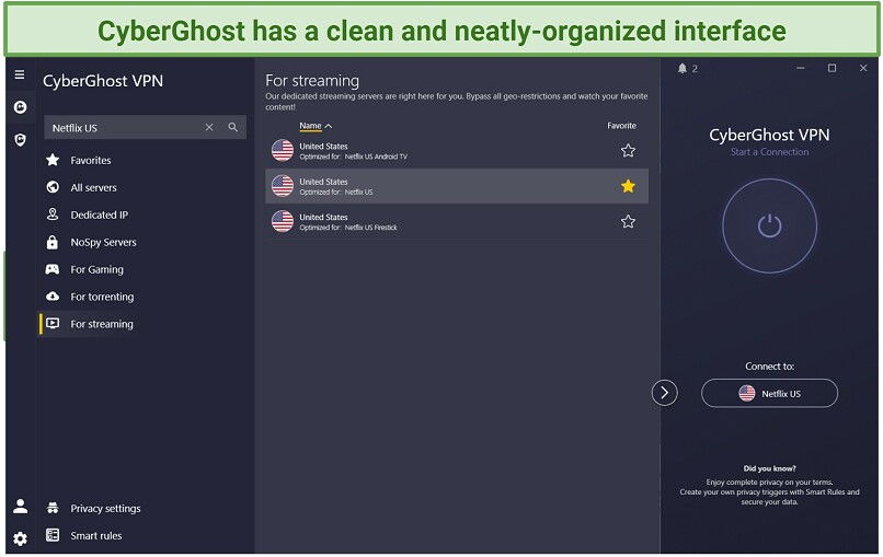 A screenshot of CyberGhost's Windows dashboard with its various Netflix-optimized servers.
