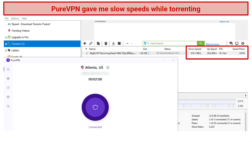 Screenshot of Utorrent downloading Night of the Living Dead while connected to PureVPN