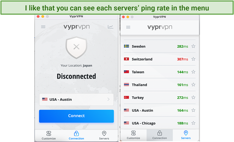 Screenshot of VyprVPN's list of servers on the app interface