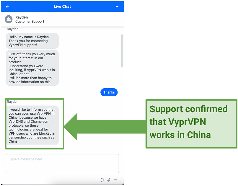 Screenshot of customer support confirming VyprVPN works in China