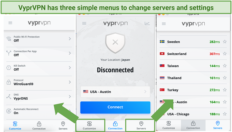 Screenshot of VyprVPNs three main menu screens