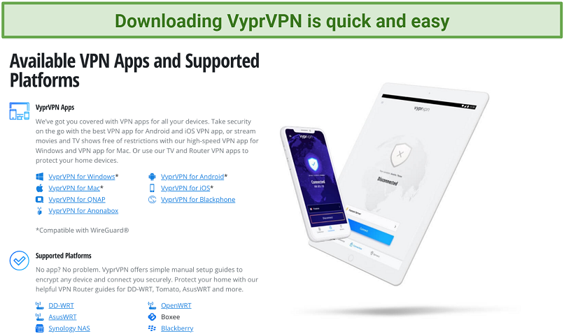 Screenshot of the VyprVPN website app download page showing a list of downloadable apps