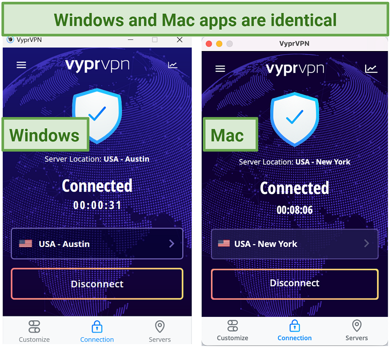 Screenshots of VyprVPNs windows and mac app interfaces side by side