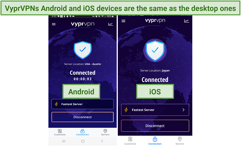 Screenshots of VyprVPNs Android and iOS apps side by side