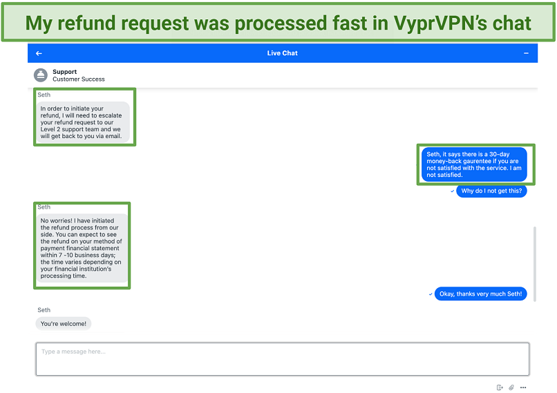 Screenshot of my refund request being accepted in VyprVPN's 24 7 chat