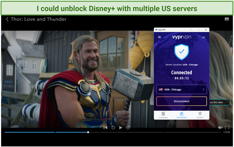 Screenshot of Thor Love And Thunder streaming on Dinsey+ using VyprVPN's Chicago server