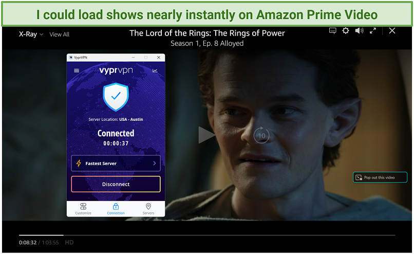 Screenshot of Amazon Prime Video player streaming Lord of The Rings: The Rings of Power using VyprVPN's Austin server