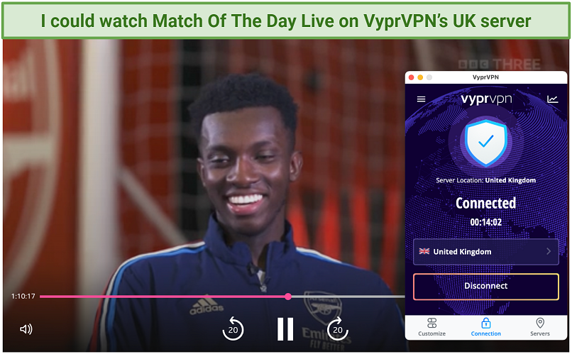 Screenshot of BBC iPlayer streaming Match Of The Day Live while connected to VyprVPN
