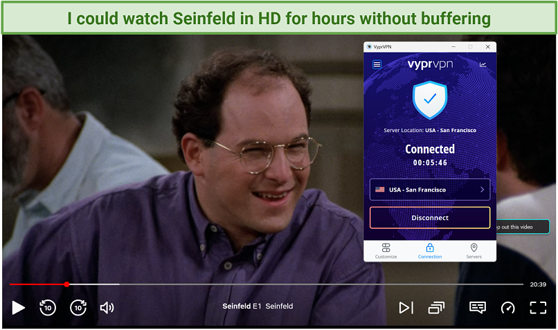 Screenshot of Seinfeld on Netflix player while connected to VyprVPN's San Francisco server