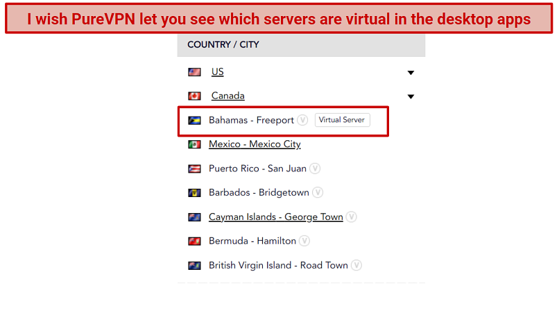 Screenshot of PureVPN website highlighting which servers are virtual