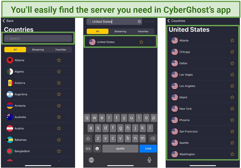 screenshot of CyberGhost's mobile UI