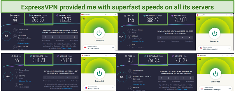 screenshot of ExpressVPN's speed tests