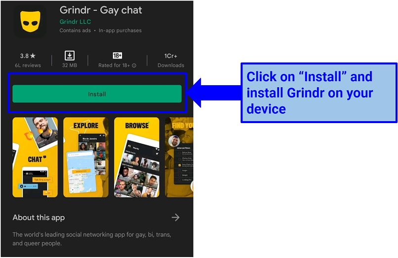 Screenshot of Grindr download page on Google Play Store