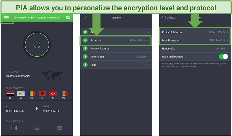 screenshot of PIA's mobile UI