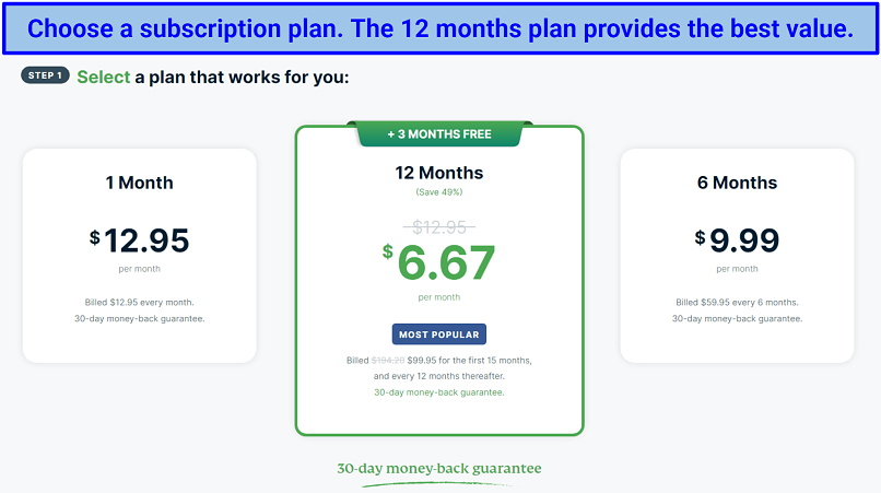 Screenshot of ExpressVPN's subscription plans