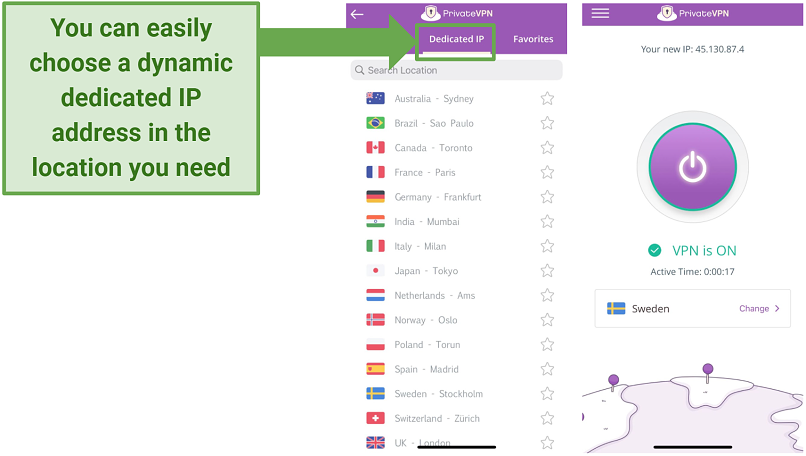screenshot of PrivateVPN's mobile UI