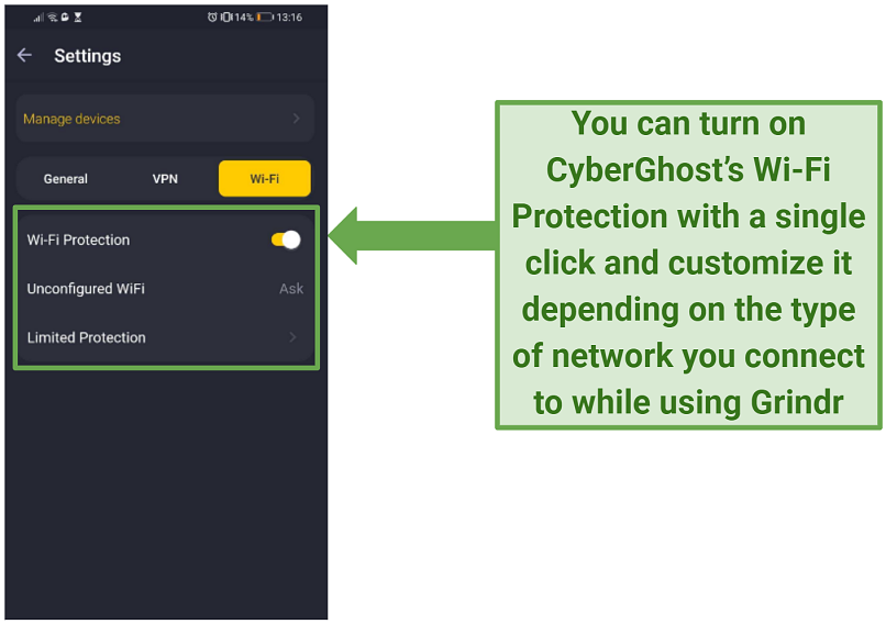 A screenshot of CyberGhost's Android app showing the Wi-Fi Protection feature in the Settings menu