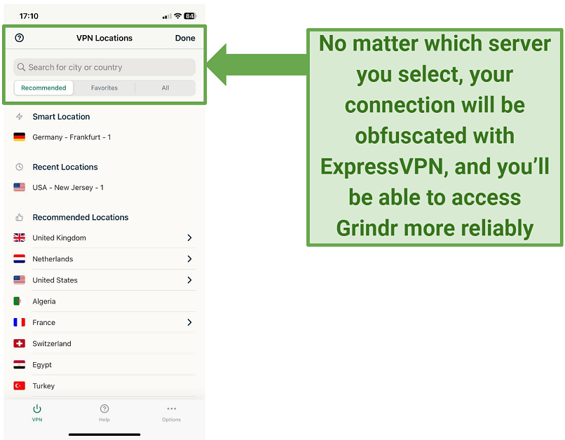 A screenshot of ExpressVPN's iOS app showing its server locations menu