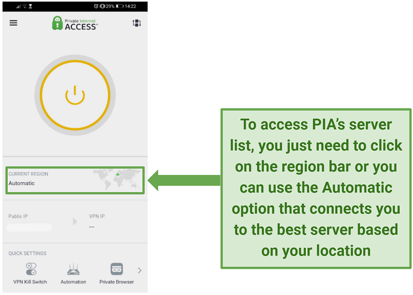 A screenshot of PIA's Android app interface pointing at the Automatic server option
