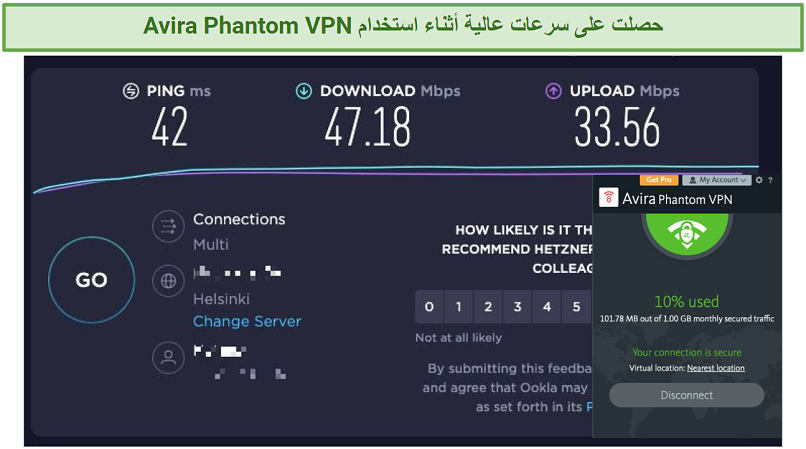Screenshot of speeds test with Avira Phantom VPN