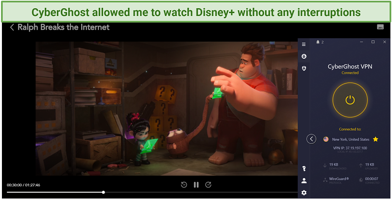 Graphic showing Disney+ streaming with CyberGhost