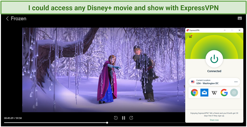 Graphic showing Disney+ streaming with ExpressVPN