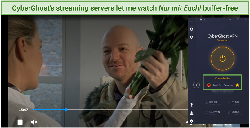 A screenshot showing CyberGhost is fast enough to watch ARD Mediathek in HD