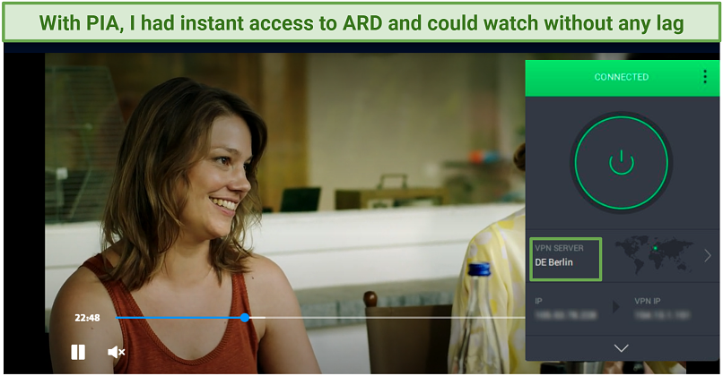 A screenshot showing PIA let me watch ARD without any lag