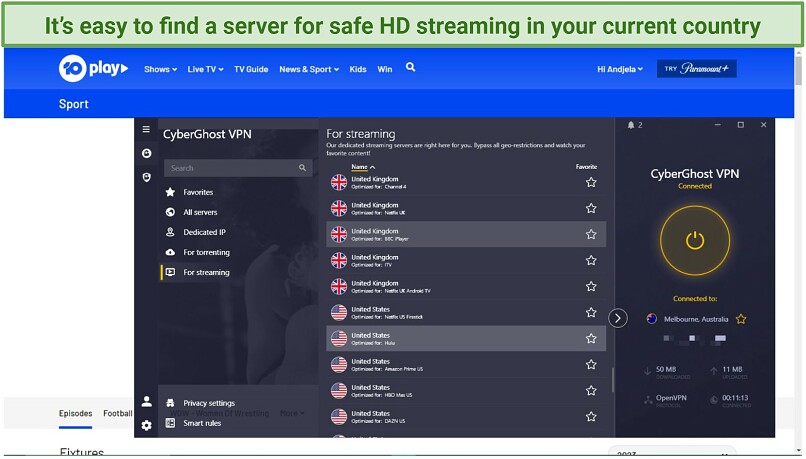 Screenshot of CyberGhost's streaming-optimized servers with 10Play in the background