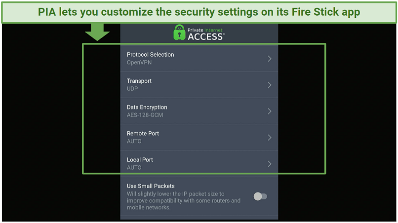 A screenshot showing PIA's Fire Stick app lets you customize your security settings
