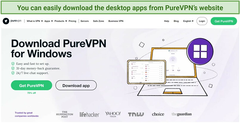 Screenshot of PureVPN download page highlighting where to access the Windows app